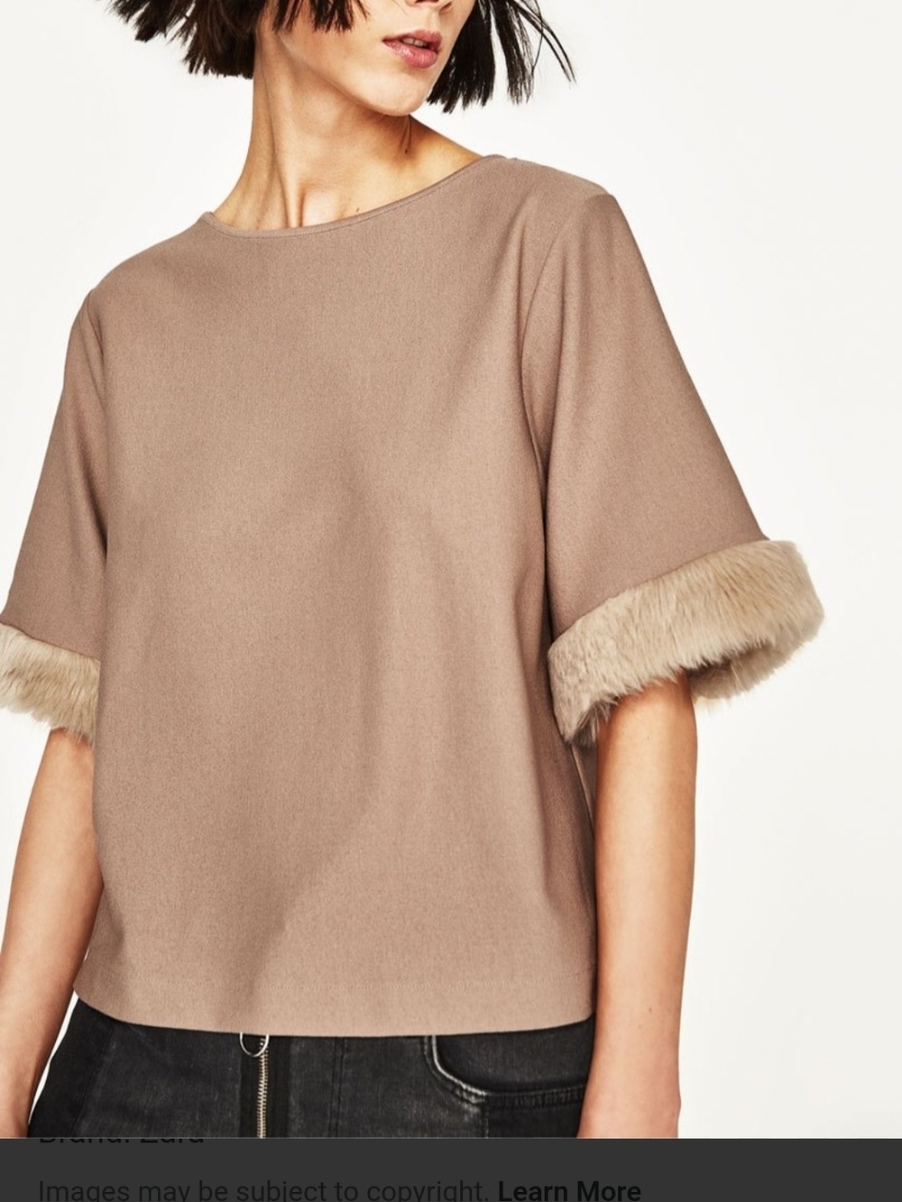 Zara Faux Fur Trim Minimalist Knit Top Taupe Size Large